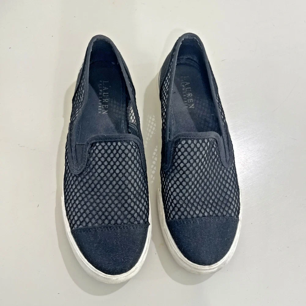 Lauren Ralph Lauren Janis Women Sz 7 Slip on Sneakers Black Mesh Preppy Sailing